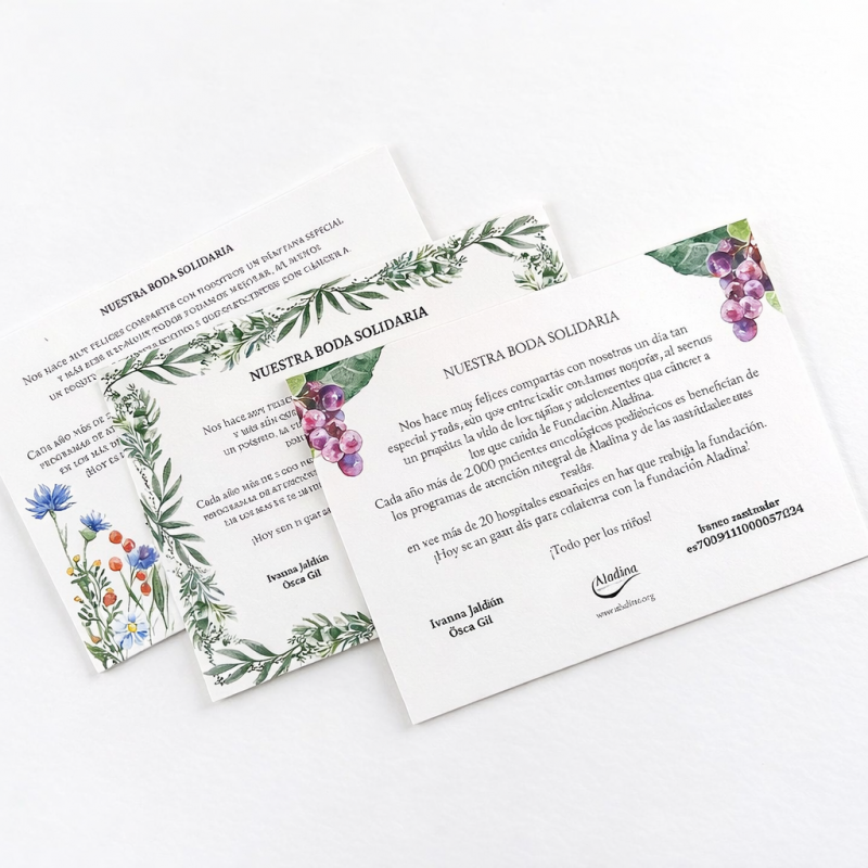 Tarjetas para bodas solidarias Fundación Aladina