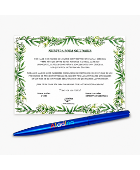 Tarjeta con boligrafo solidario Aladina