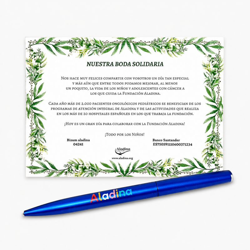 Tarjeta con boligrafo solidario Aladina