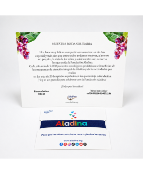 Tarjetón para bodas con pulsera solidaria Aladina