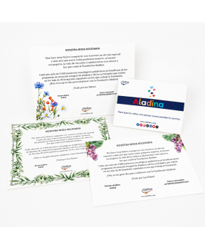 Tarjetones con pulsera Fundación Aladina para bodas solidarias