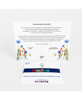 Pack para bodas solidarias Aladina tarjeta con pulsera