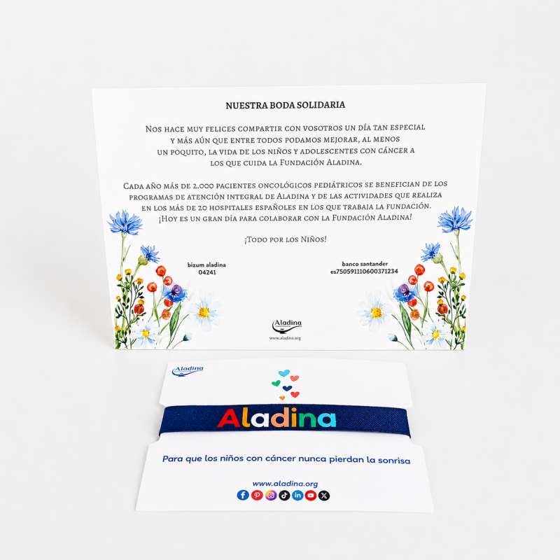 Pack para bodas solidarias Aladina tarjeta con pulsera