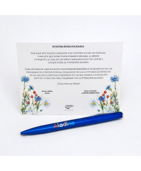 Tarjeta solidaria para boda con boligrafo Aladina