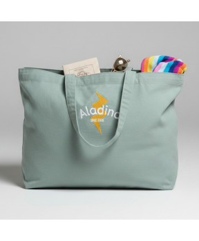 Bolsa de playa solidaria Fundación Aladina color verde de algodón certificado con gran capacidad