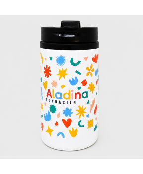 Vaso termo solidario Fundación Aladina blanco con estampado de iconos y capacidad de 300 ml