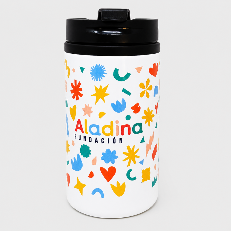 Vaso termo solidario Fundación Aladina blanco con estampado de iconos y capacidad de 300 ml