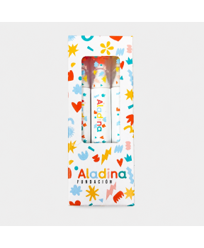 Pack de rotuladores solidarios de la Fundación Aladina en colores rosa, amarillo y naranja con caja personalizada.
