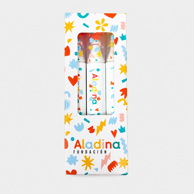 Pack de rotuladores solidarios de la Fundación Aladina en colores rosa, amarillo y naranja con caja personalizada.