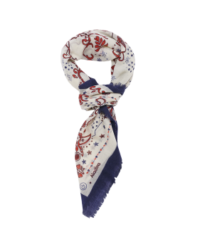 Pashmina solidaria con estampado de bandana en tonos azul,rojo y crema